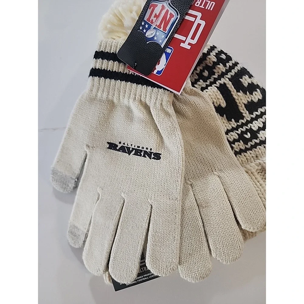 Baltimore Ravens Team Apparel Knit Beanie‎ & Gloves Set Cream NWT